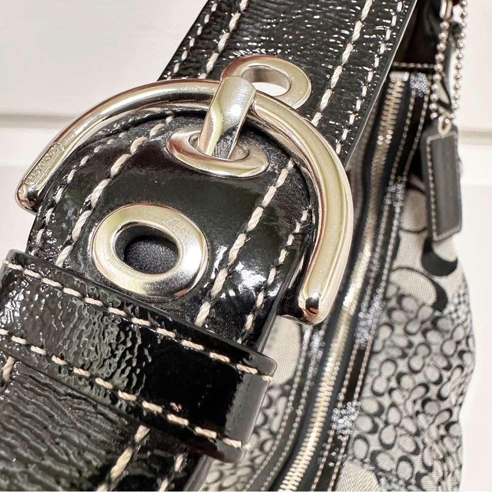 Coach Signature Vintage Patchwork Hobo Black Grey Jacquard & Black Leather - Picture 7 of 9